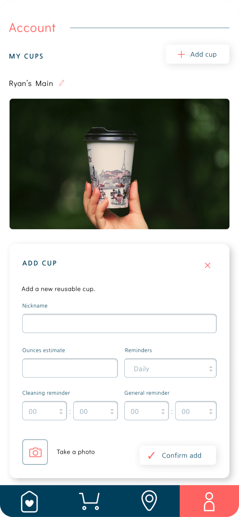App account screen: adding a new cup
